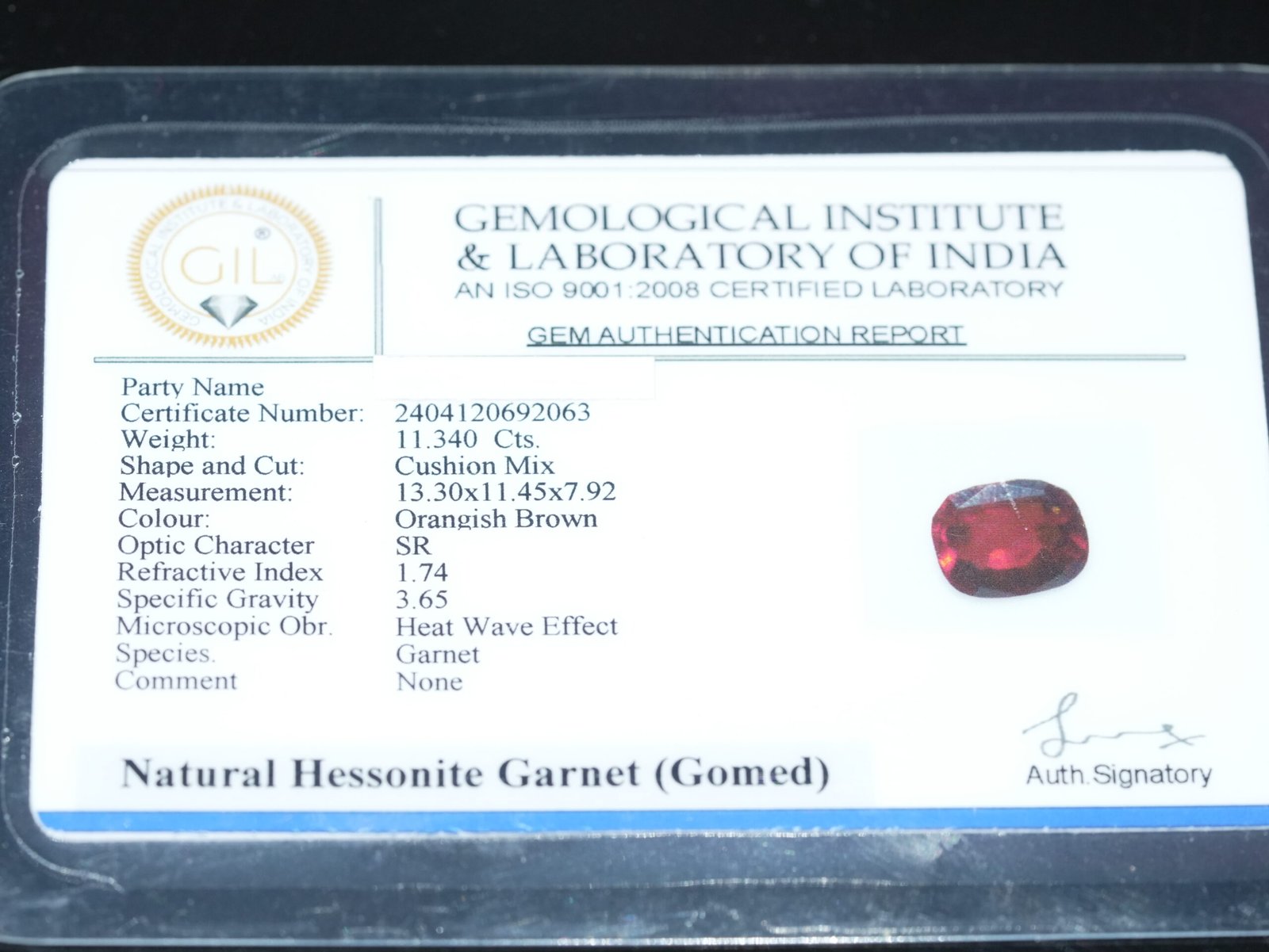 Natural African Gomed Ratna (Hessonite Garnet) Origin Africa, Weight 12.47 Ratti / 11.340 Carat, 100% Natural, Untreated, Lab-Tested - Image 3