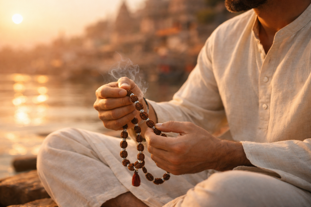 spiritual meditation with Rudraksha mala and natural gemstone in India