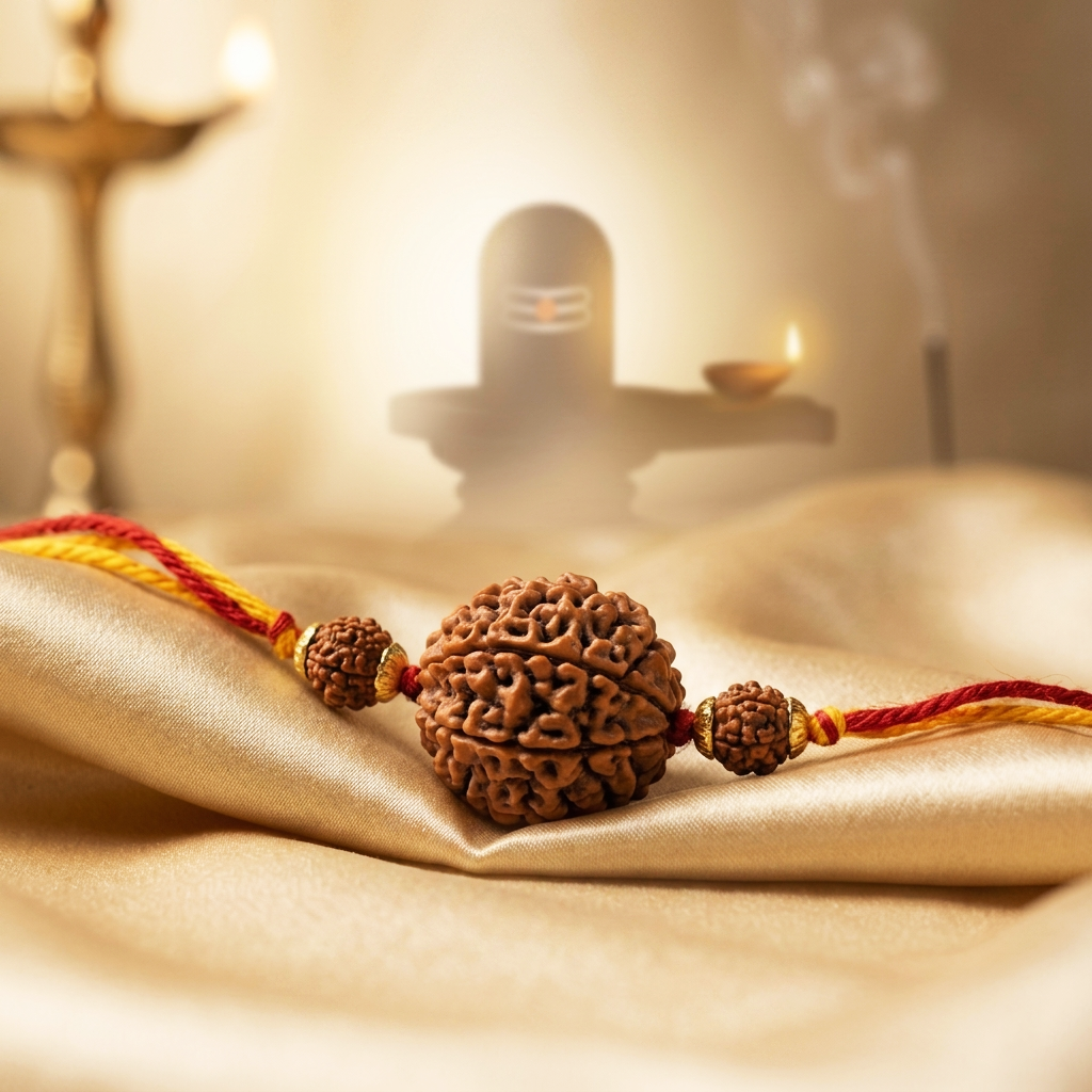 Natural Rudraksha bracelet with Shivling background for spiritual benefits in India