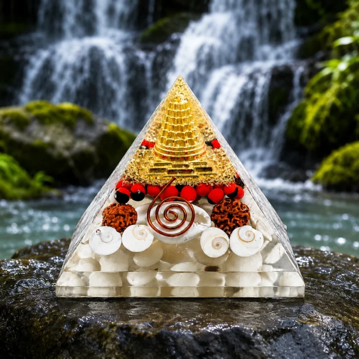 Natural Dhan Labh Pyramid with Shree Yantra, Rudraksha, Gomti Chakra & Pyrite