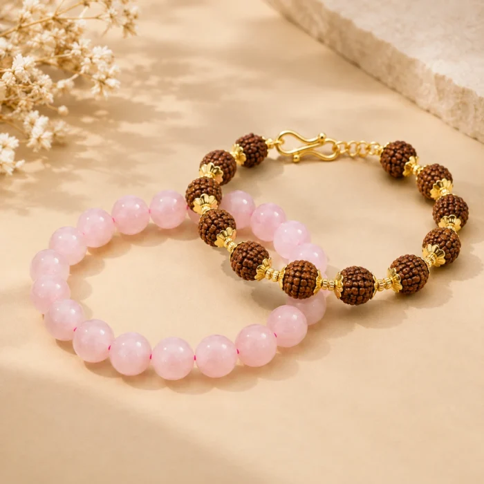Rakhi Combo – Rose Quartz & Gold Rudraksha Bracelet