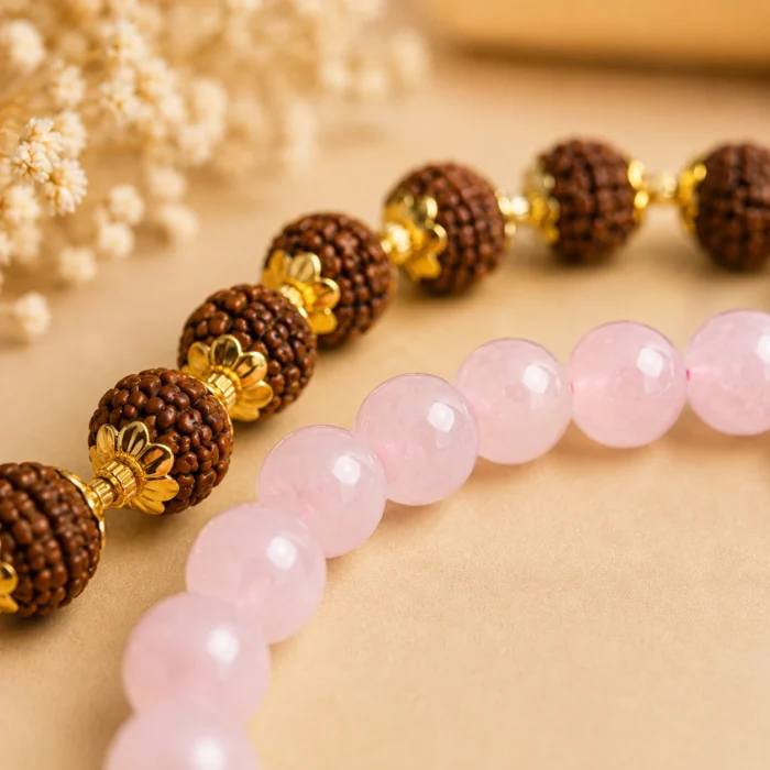 Rakhi Combo – Rose Quartz & Gold Rudraksha Bracelet