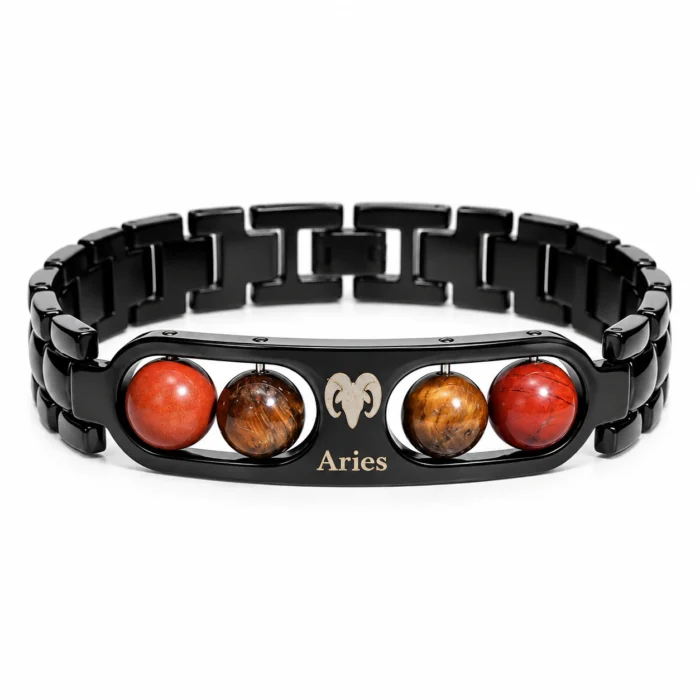 Aries (मेष राशि) Zodiac Metal Bracelet |  Tiger Eye & Red Jasper