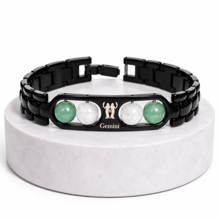 Gemini (मिथुन राशि) Zodiac Metal Bracelet | Green Aventurine & Milky Quartz
