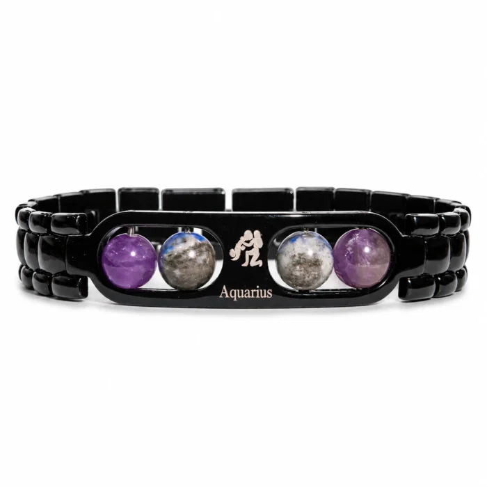 Aquarius (कुंभ राशि) Zodiac Metal Bracelet | Amethyst & Lapis Lazuli